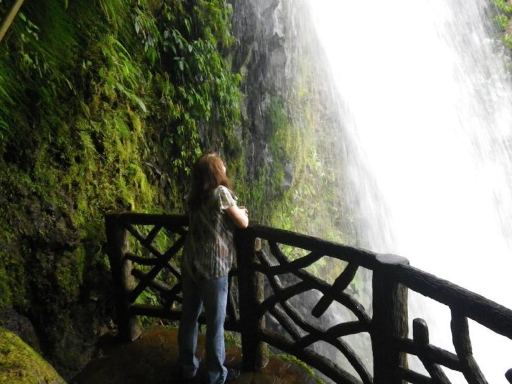 Susan gazing at a waterfall in the jungle